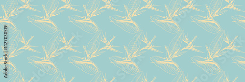 Elegant pale yellow bird of paradise flower pattern on a soft blue background.  Subtle, stylish design perfect for textiles, wallpaper, or website backgrounds. Evokes serenity and tropical beauty.