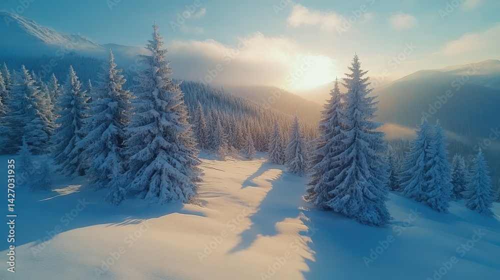 Serene winter sunrise over snow-covered forest in mountain landscape Serene winter sunrise over snow-covered forest in mountain landscape