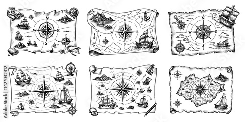 Antique treasure maps illustrated vintage style in black and white representing adventure and piracy