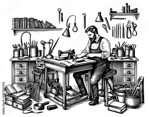 Bookbinder Craftsman working diligently in vintage workshop setting.