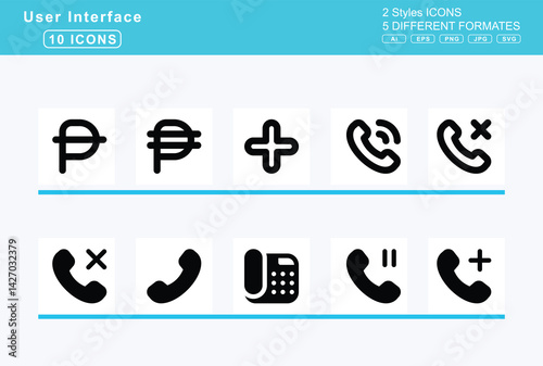 Set of 5 solid user interface icons,person, seat, reclined, simple, walking, with, cane, peseta, sign