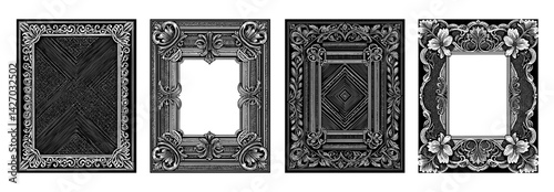 ornate rectangular picture frames in etched style black and white for graphic design or display