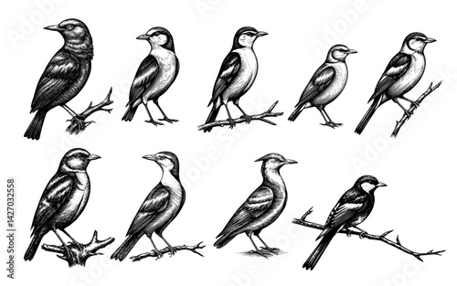 bird species collection in ink drawing style black and white vintage ornithological illustration
