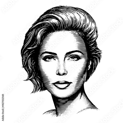 Woman serious with short wavy hair close-up portrait engraving style against white background