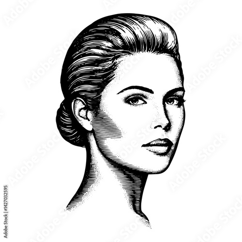 Woman with updo hairstyle thoughtful portrait woodblock illustration style against white background