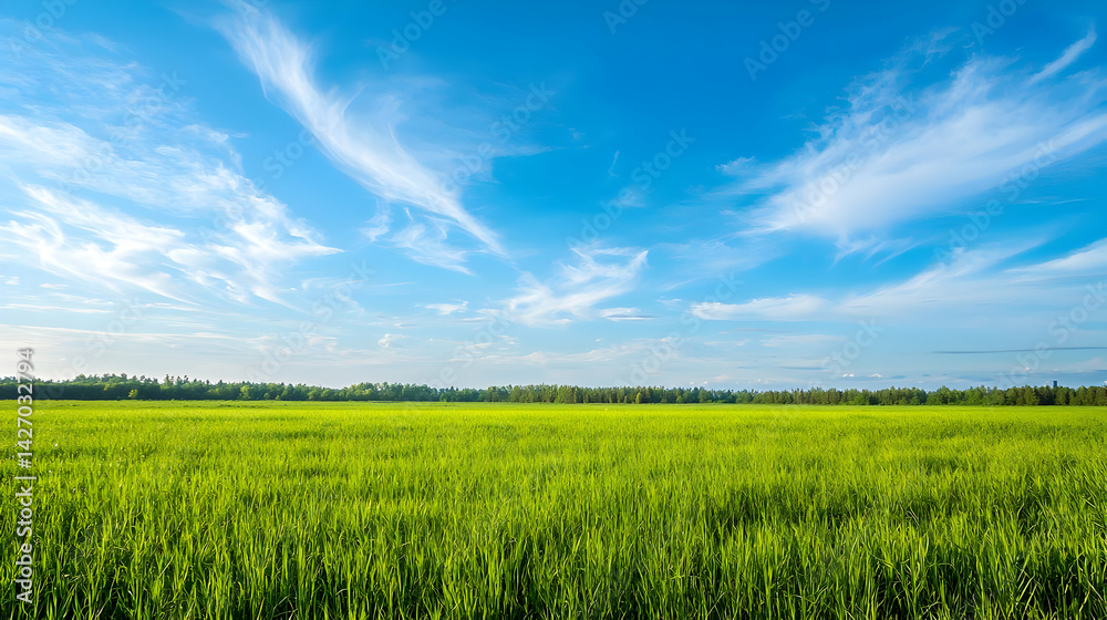 Obraz premium Vast Green Field Under Sunny Blue Sky