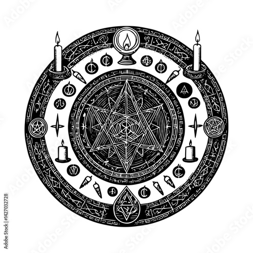 Circular occult sigil illustration in black and white woodcut style for ritual