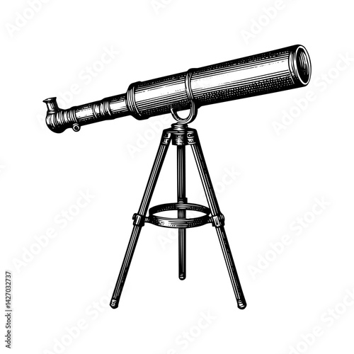 Antique refracting telescope illustration in black and white for scientific observation
