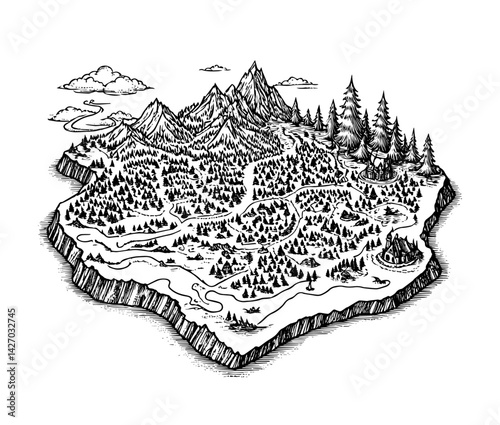 Island map ink drawing in black and white for fantasy games or stories