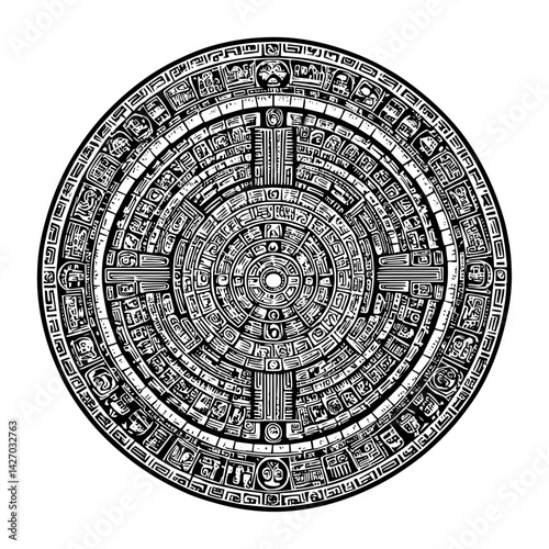 Circular Aztec calendar glyphs illustration in black and white woodcut style for cosmology