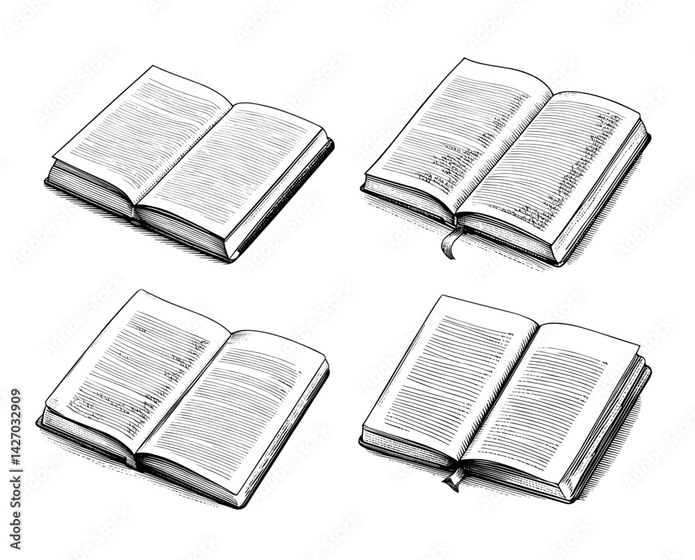 Fototapeta premium Open books illustrated antique ink style in monochrome representing knowledge and literature