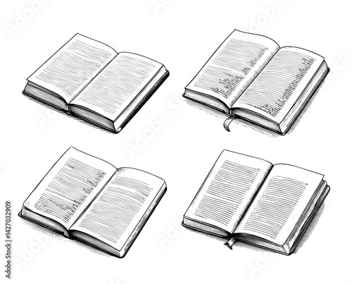 Open books illustrated antique ink style in monochrome representing knowledge and literature