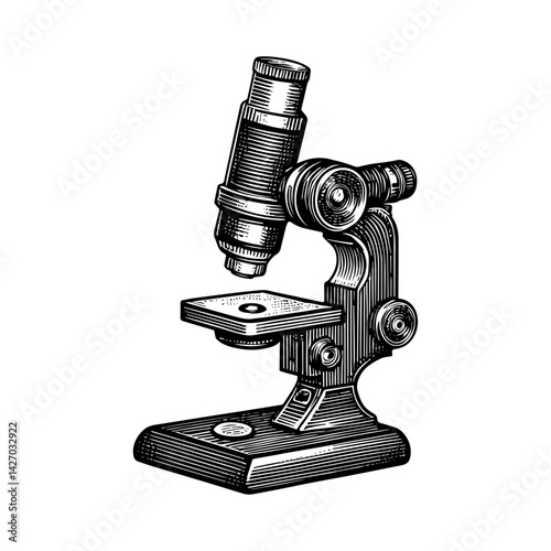 Vintage microscope illustrated engraving style in black and white representing science and discovery against white background