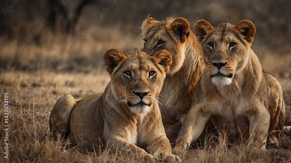 Obraz premium Three majestic lions resting in the african savanna warm sunlight