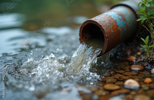 Untreated water pours from rusty pipe into natural lake. Sewage drainage, water pollution, industrial waste, toxic outflow contaminates the environment. Environmental impact concept.