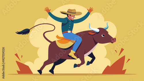 As the rodeo announcer cheers on the brave rider the bull bucks and twists but he remains resolute determined to tame the beast beneath him.. Vector illustration