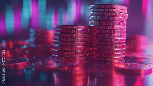 Neon lit stacks of coins reflecting financial growth and wealth