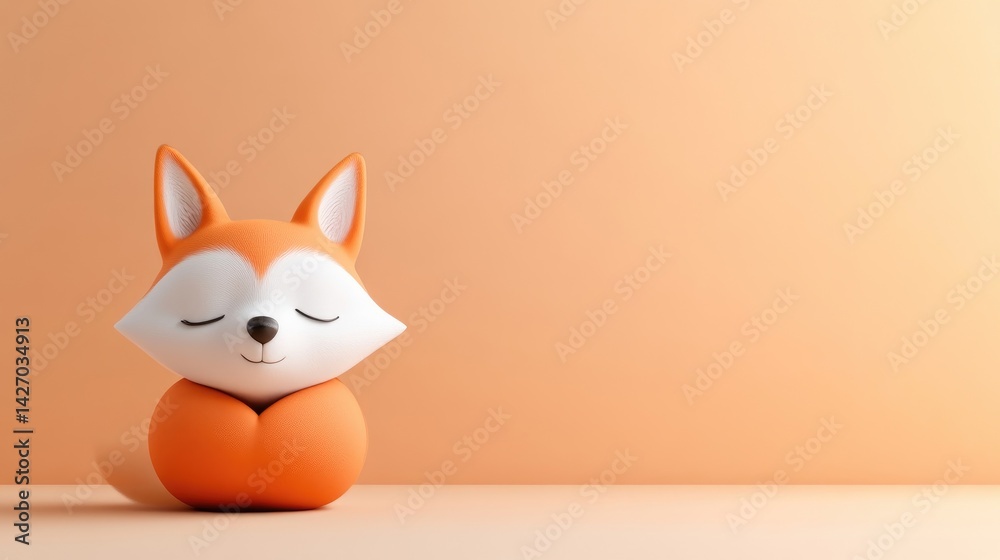 Obraz premium Cute Fox Figurine Minimalist Style High-Resolution Rendering Front view Smooth texture Peaceful pose Peach background Soft orange tones Ideal for childrens products