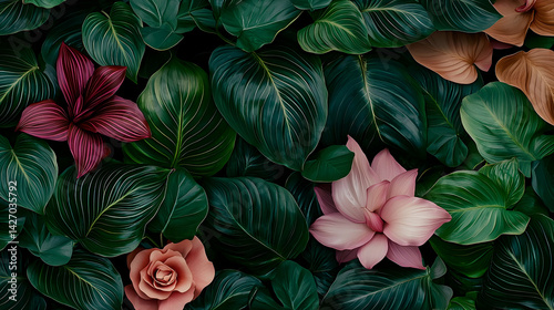 Intricate Floral Pattern with Deep Greens and Bold Colors