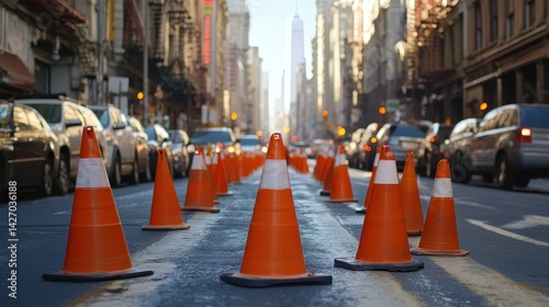 Urban street scene with orange traffic cones in downtown city setting