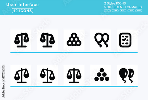 Set of 5 solid user interface icons,badge, sheriff, bags, shopping, bahai, baht, sign, balance, scale, left