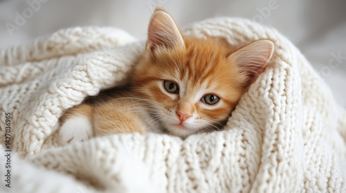 Adorable ginger kitten cozy in white blanket
