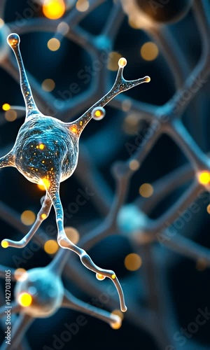 Neuron network illustration with glowing synapses, against a dark background