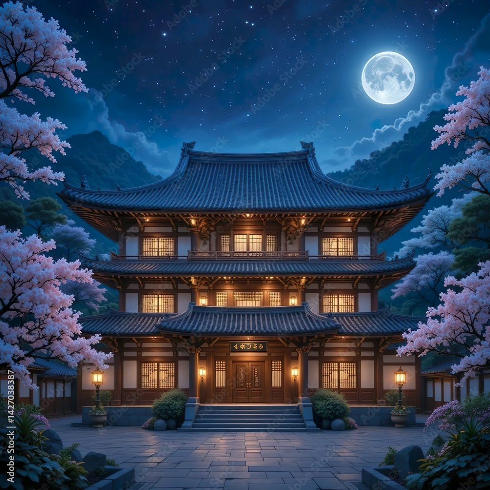 Obraz premium Japanese temple with full moon at night