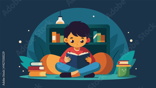A little reader sitting in a cozy reading nook surrounded by physical books yet completely engrossed in their ebook.. Vector illustration