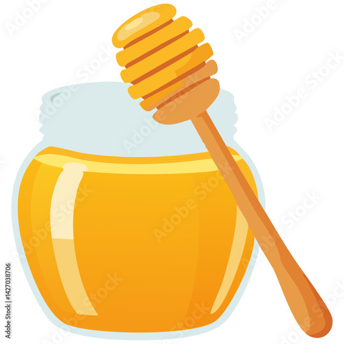 Honey jar with wooden dipper and golden honey
