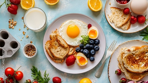 Wallpaper Mural Overhead shot of breakfast with eggs toast berries milk and fruit on a light blue background table Torontodigital.ca
