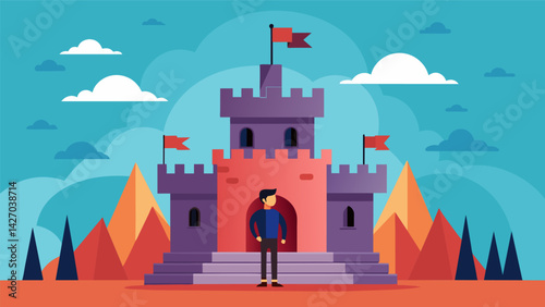 One contestant proudly stands on top of their finished creation a massive fortress complete with turrets and hidden tunnels.. Vector illustration