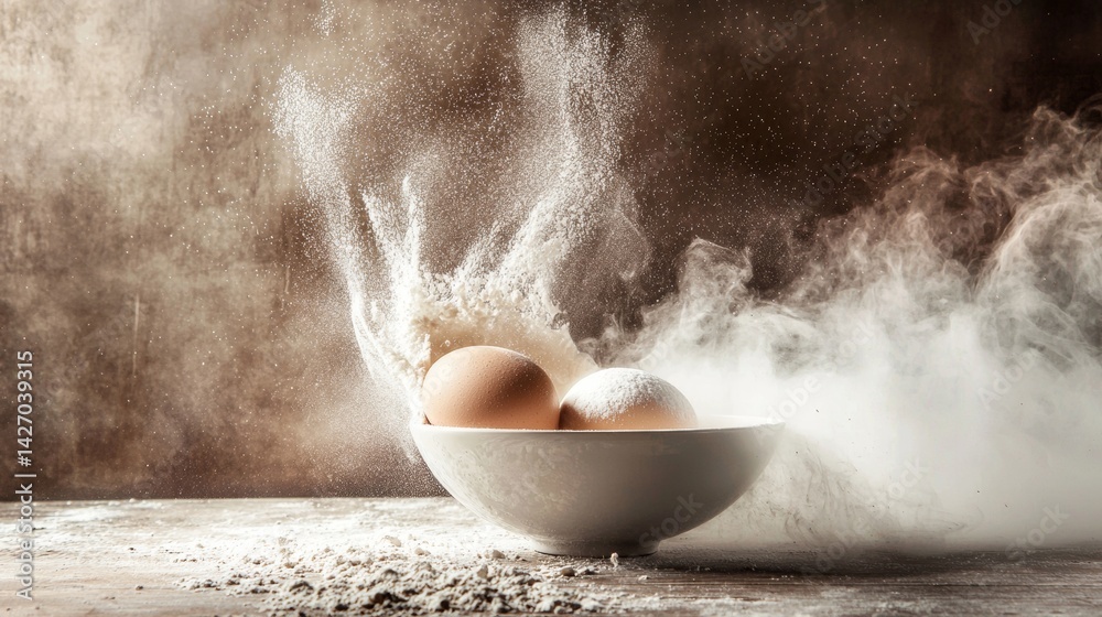 Eggs in Bowl with Dramatic Flour Smoke Eggs in Bowl with Dramatic Flour Smoke