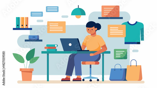 A person sitting at a desk with a laptop surrounded by notes and textbooks with a retail store uniform hanging on a nearby chair.. Vector illustration