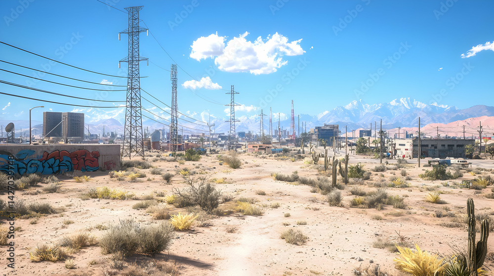 Desert Cityscape Panorama With Mountains And Graffiti Desert Cityscape Panorama With Mountains And Graffiti