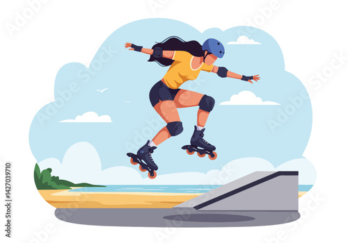 An energetic illustration of a woman performing tricks on aggressive inline skates at a beach skate park, capturing the thrill of summer sports and holiday fun