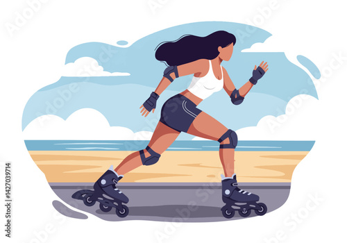 A dynamic illustration of a woman enjoying inline skating along a scenic beach promenade on a bright summer day. Perfect for conveying themes of active holidays, fitness, and summer recreation