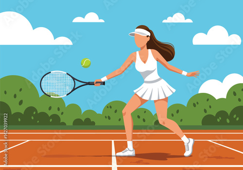 A vibrant illustration of a woman playing tennis on a sunny summer day, capturing the energy of summer sports and holiday fun