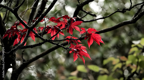 Close Up Of Vibrant Red Maple Leaves On Branches photo