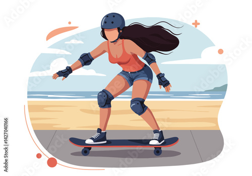 A dynamic illustration of a woman skateboarding along a beach promenade on a sunny summer day, capturing the energy of summer sports and holiday fun