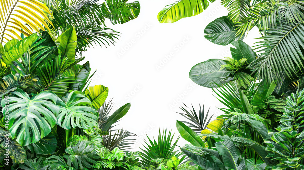 Fototapeta premium Lush green tropical foliage including palm fronds, banana leaves, and monstera plants form a vibrant border around a clean, bright white background space.