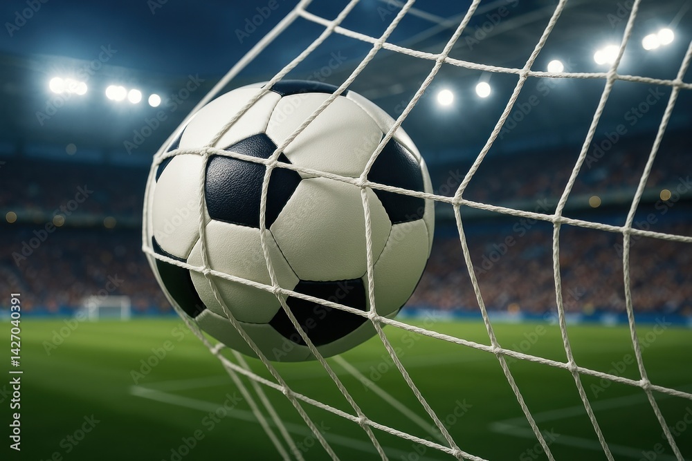 Fototapeta premium Soccer ball hitting goal net.