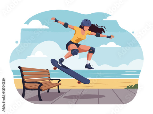 A dynamic illustration of a woman skateboarding along a beach promenade on a sunny summer day, capturing the energy of summer sports and holiday fun