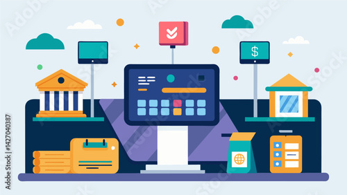 A display screen above the university payment counter flashing different payment options and deadlines for fee payment.. Vector illustration