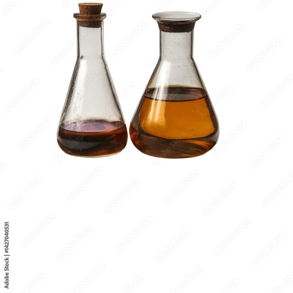 Two Erlenmeyer Flasks Filled with Amber Liquids Science Experiment Two Erlenmeyer Flasks Filled with Amber Liquids Science Experiment