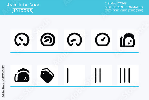 Set of 5 solid user interface icons,tachometer, average, fast, fastest, slow