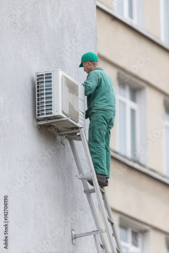 Wallpaper Mural A man installs an air conditioner on the wall of an apartment. Repairman technician fix, repair and maintain air conditioning systems Torontodigital.ca
