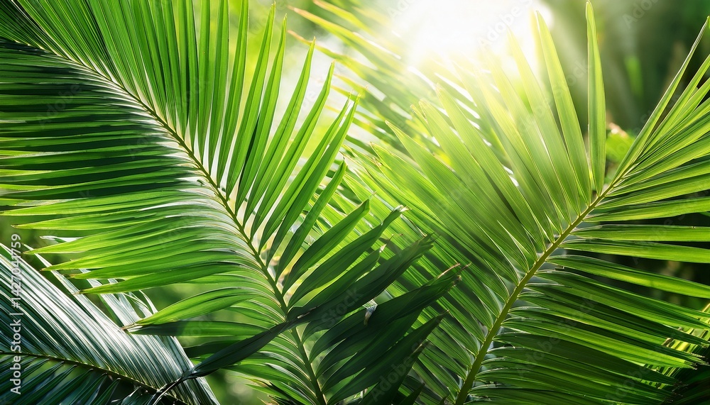 Obraz premium radiant green palm leaves basking in sunlight evoking a serene tropical atmosphere representing nature s beauty amidst a vibrant natural backdrop