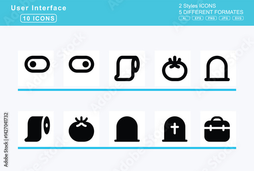 Set of 5 solid user interface icons,tired, tire, flat, pressure, warning, rugged, toggle, off