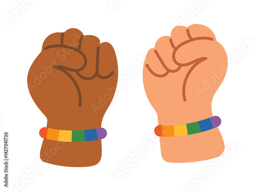 Vector illustration of two raised fists wearing rainbow bracelets, symbolizing unity and support for LGBTQ rights. Each fist skin tone, representing diversity. LGBT gay pride elements.